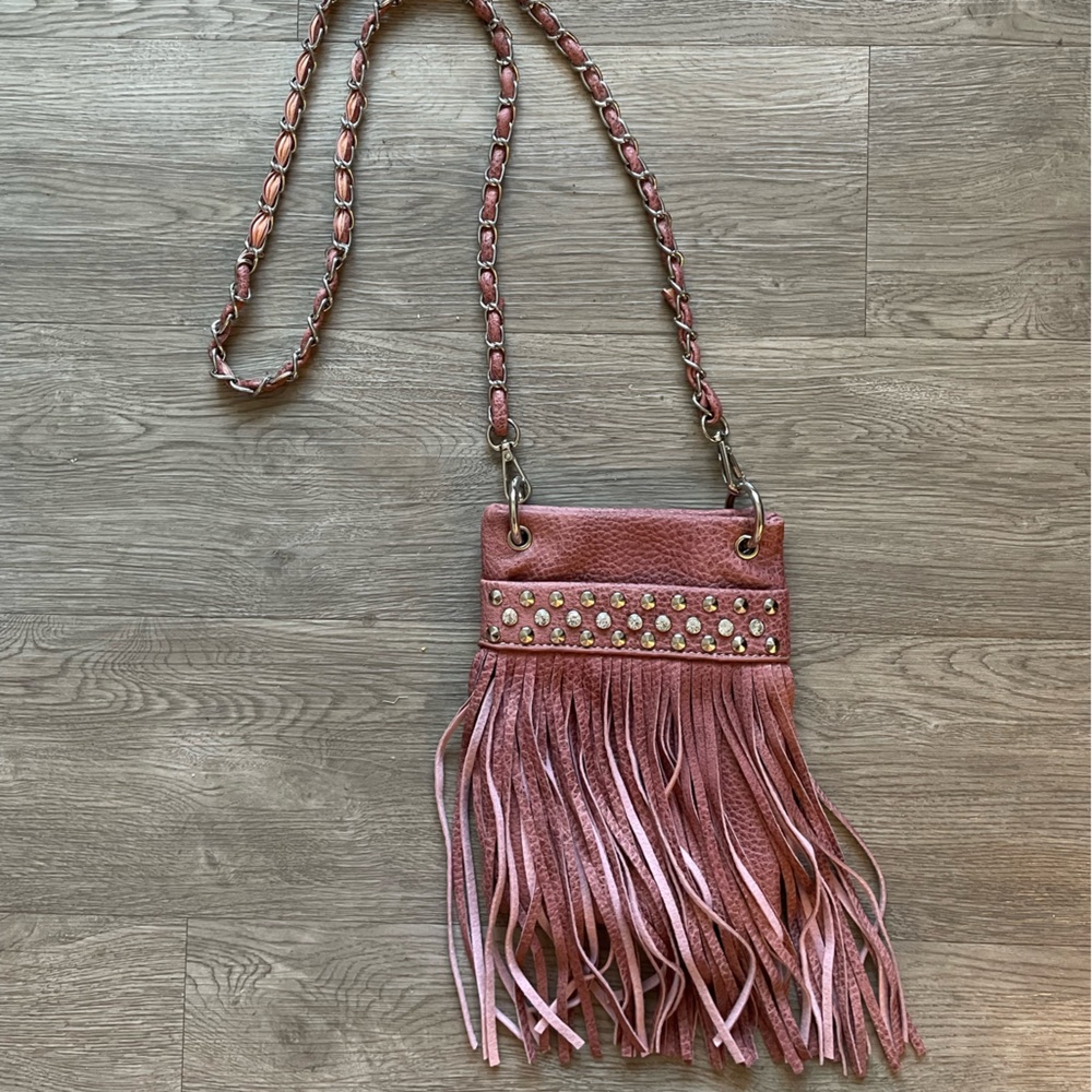 P&G Western Faux Leather Fringed  Crossbody Bag Rose Pink Studded Chain Strap
